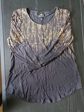 JM Collection Black Long-Sleeve Scoop Neck Top with Gold Foil Detail